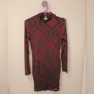 Long sleeve body con mesh and velvet dress